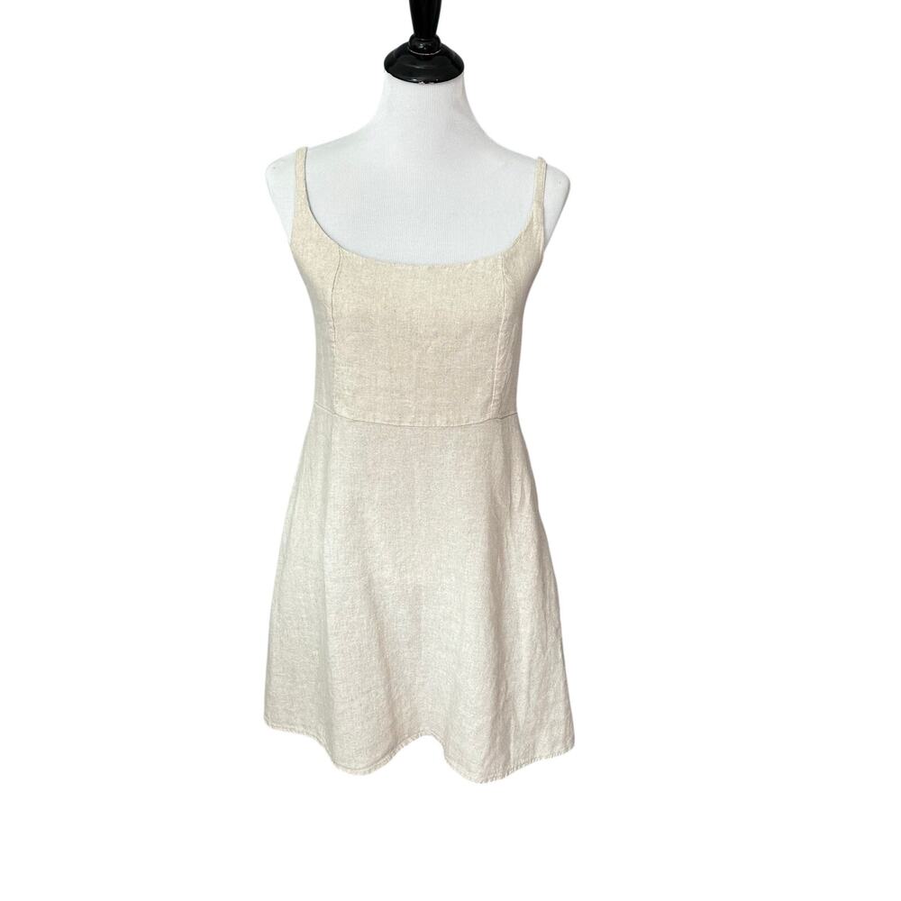 Old Navy Dress Women Med  Mini Strappy Beige Neutral Linen Blend A Line Comfy